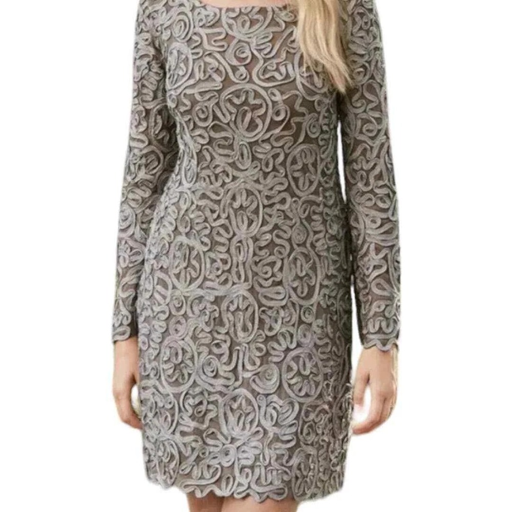 Sundance Pure Elegance Applique Shift Dress Silver Soutache Mesh Long Sleeve Lrg